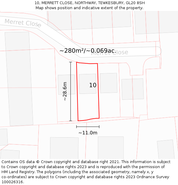 10, MERRETT CLOSE, NORTHWAY, TEWKESBURY, GL20 8SH: Plot and title map