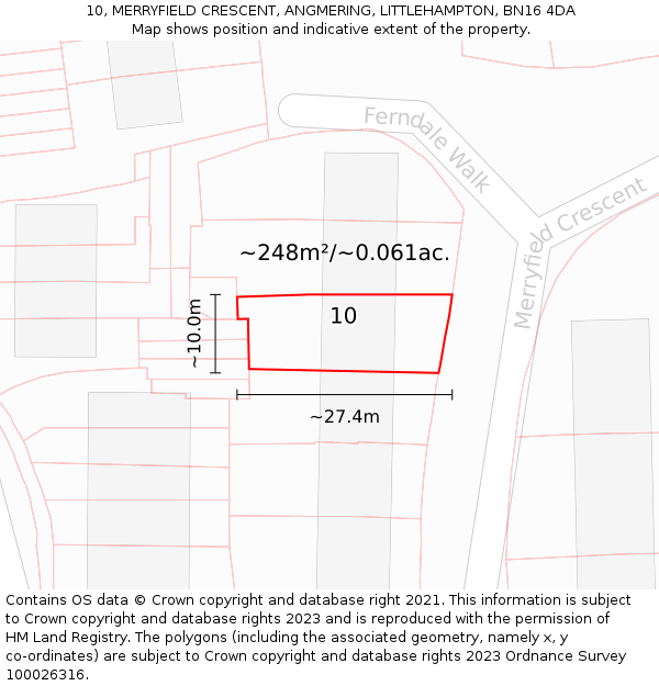 10, MERRYFIELD CRESCENT, ANGMERING, LITTLEHAMPTON, BN16 4DA: Plot and title map