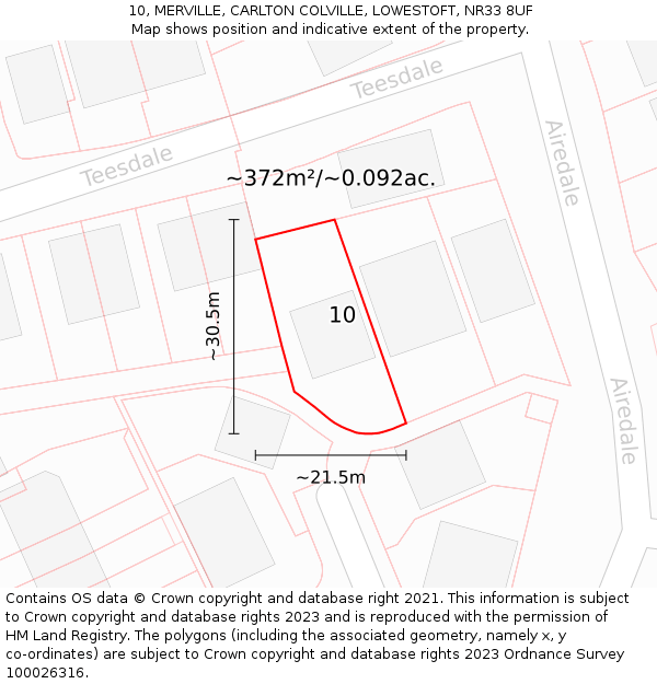 10, MERVILLE, CARLTON COLVILLE, LOWESTOFT, NR33 8UF: Plot and title map