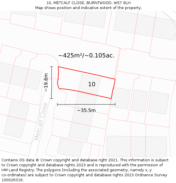 10, METCALF CLOSE, BURNTWOOD, WS7 9LH: Plot and title map