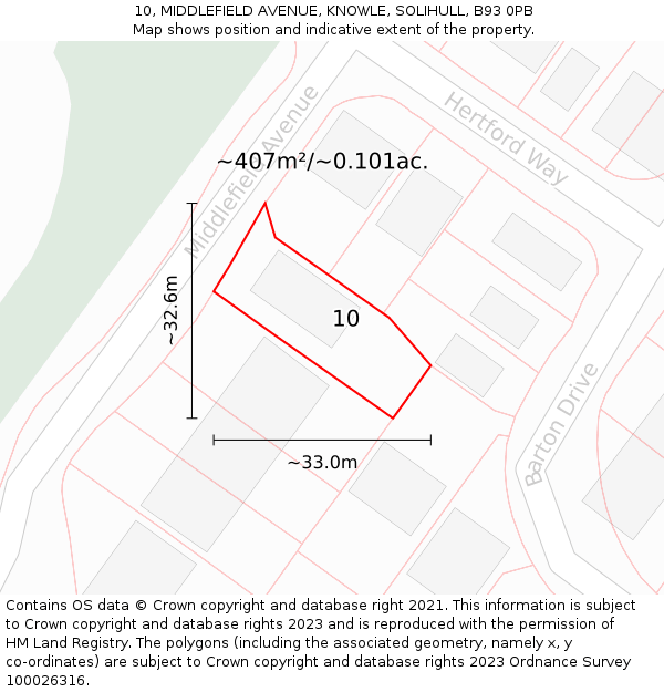 10, MIDDLEFIELD AVENUE, KNOWLE, SOLIHULL, B93 0PB: Plot and title map