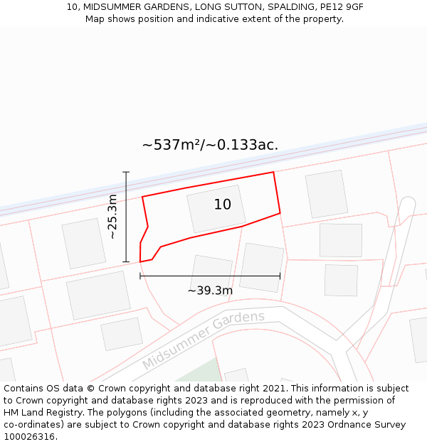 10, MIDSUMMER GARDENS, LONG SUTTON, SPALDING, PE12 9GF: Plot and title map