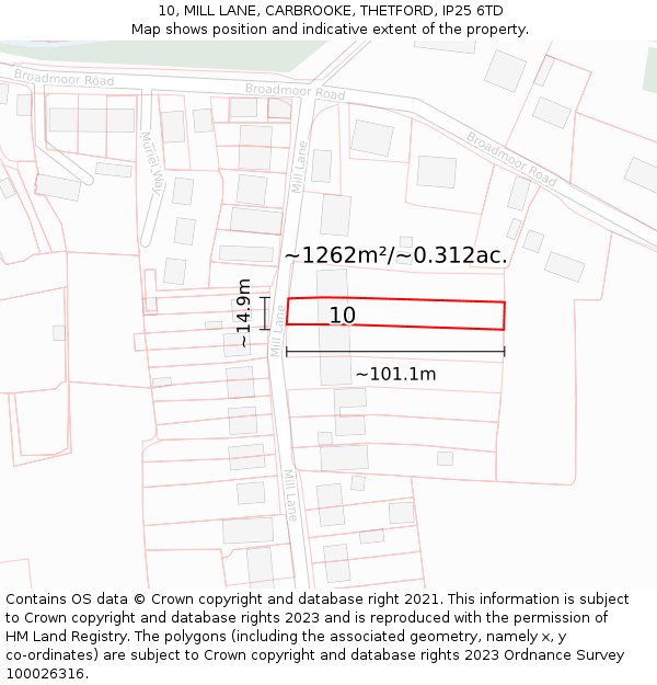 10, MILL LANE, CARBROOKE, THETFORD, IP25 6TD: Plot and title map