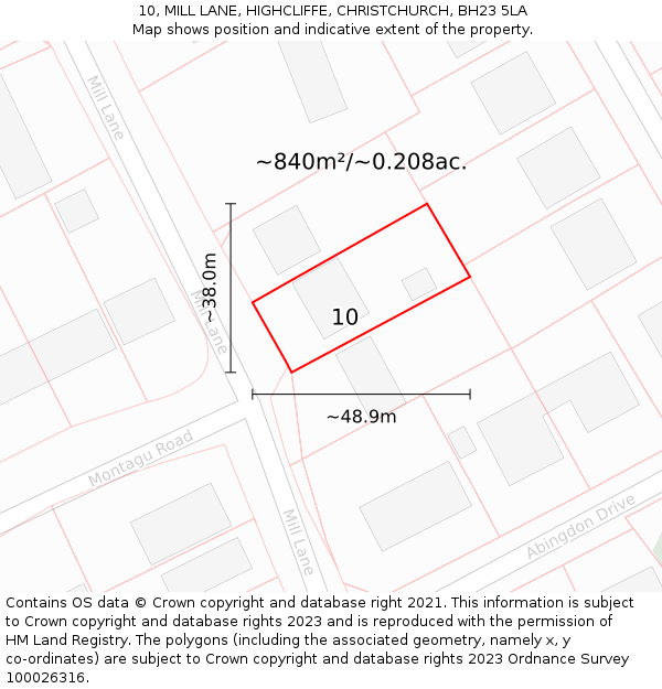 10, MILL LANE, HIGHCLIFFE, CHRISTCHURCH, BH23 5LA: Plot and title map