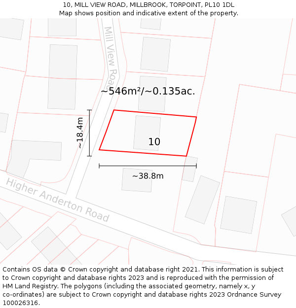 10, MILL VIEW ROAD, MILLBROOK, TORPOINT, PL10 1DL: Plot and title map