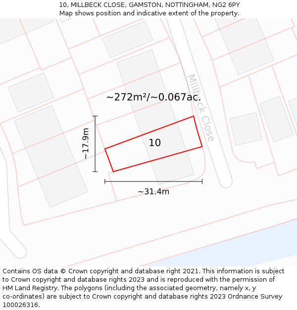 10, MILLBECK CLOSE, GAMSTON, NOTTINGHAM, NG2 6PY: Plot and title map