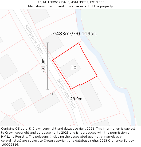 10, MILLBROOK DALE, AXMINSTER, EX13 5EF: Plot and title map