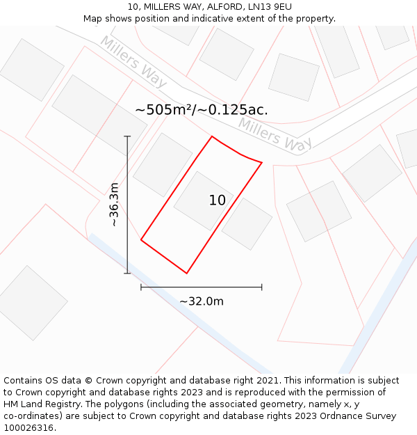 10, MILLERS WAY, ALFORD, LN13 9EU: Plot and title map