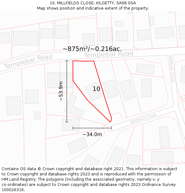10, MILLFIELDS CLOSE, KILGETTY, SA68 0SA: Plot and title map
