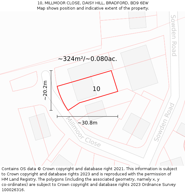 10, MILLMOOR CLOSE, DAISY HILL, BRADFORD, BD9 6EW: Plot and title map