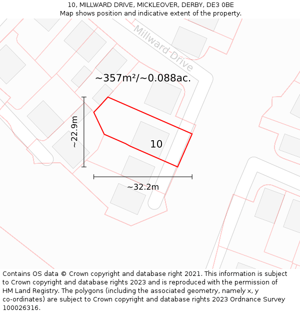 10, MILLWARD DRIVE, MICKLEOVER, DERBY, DE3 0BE: Plot and title map