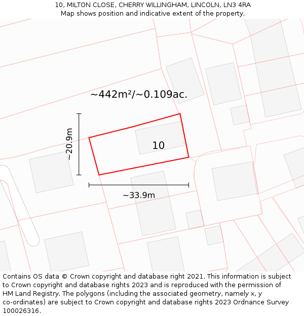 10, MILTON CLOSE, CHERRY WILLINGHAM, LINCOLN, LN3 4RA: Plot and title map
