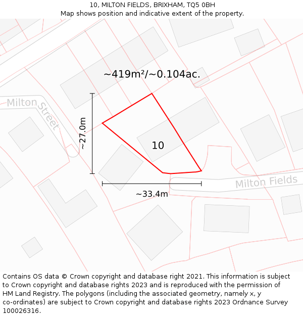 10, MILTON FIELDS, BRIXHAM, TQ5 0BH: Plot and title map