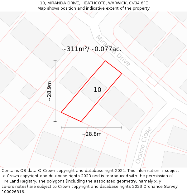 10, MIRANDA DRIVE, HEATHCOTE, WARWICK, CV34 6FE: Plot and title map
