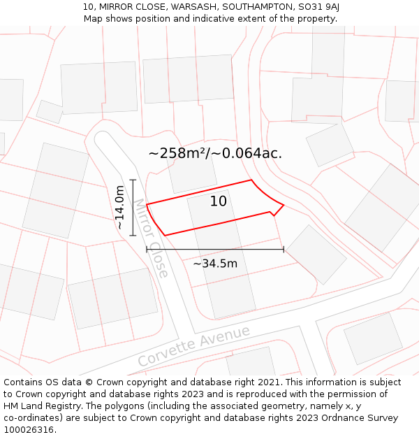 10, MIRROR CLOSE, WARSASH, SOUTHAMPTON, SO31 9AJ: Plot and title map