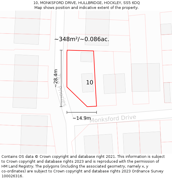 10, MONKSFORD DRIVE, HULLBRIDGE, HOCKLEY, SS5 6DQ: Plot and title map