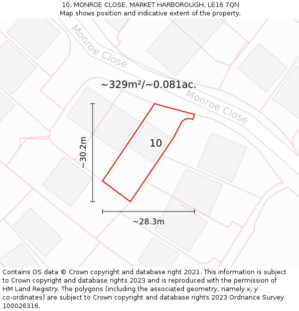 10, MONROE CLOSE, MARKET HARBOROUGH, LE16 7QN: Plot and title map