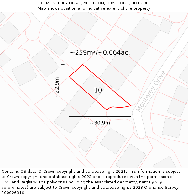 10, MONTEREY DRIVE, ALLERTON, BRADFORD, BD15 9LP: Plot and title map