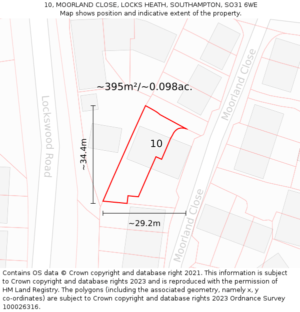 10, MOORLAND CLOSE, LOCKS HEATH, SOUTHAMPTON, SO31 6WE: Plot and title map