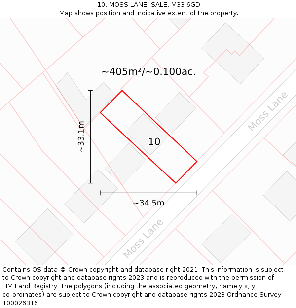 10, MOSS LANE, SALE, M33 6GD: Plot and title map