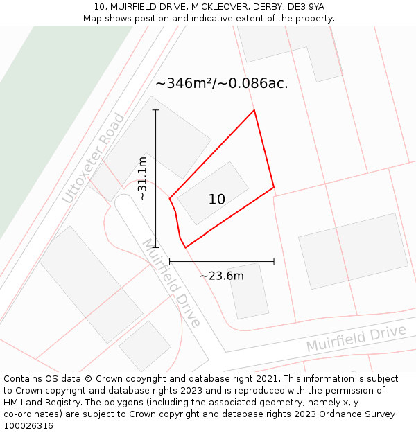 10, MUIRFIELD DRIVE, MICKLEOVER, DERBY, DE3 9YA: Plot and title map