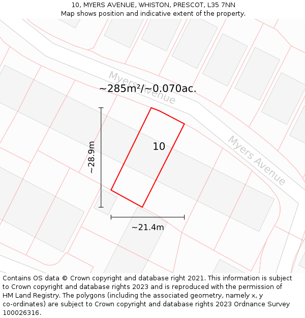 10, MYERS AVENUE, WHISTON, PRESCOT, L35 7NN: Plot and title map