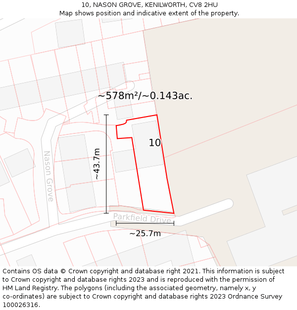 10, NASON GROVE, KENILWORTH, CV8 2HU: Plot and title map