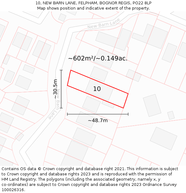 10, NEW BARN LANE, FELPHAM, BOGNOR REGIS, PO22 8LP: Plot and title map
