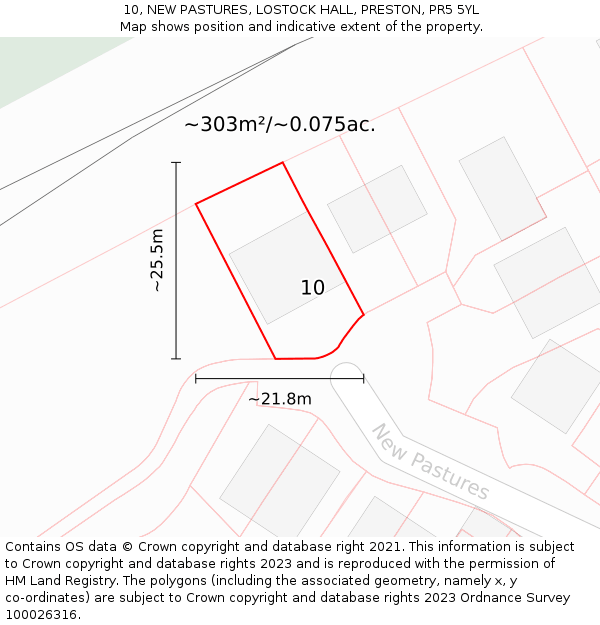 10, NEW PASTURES, LOSTOCK HALL, PRESTON, PR5 5YL: Plot and title map