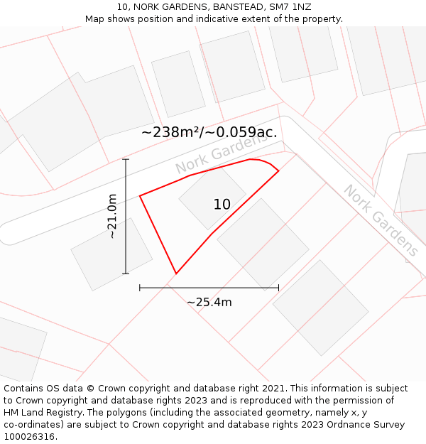 10, NORK GARDENS, BANSTEAD, SM7 1NZ: Plot and title map