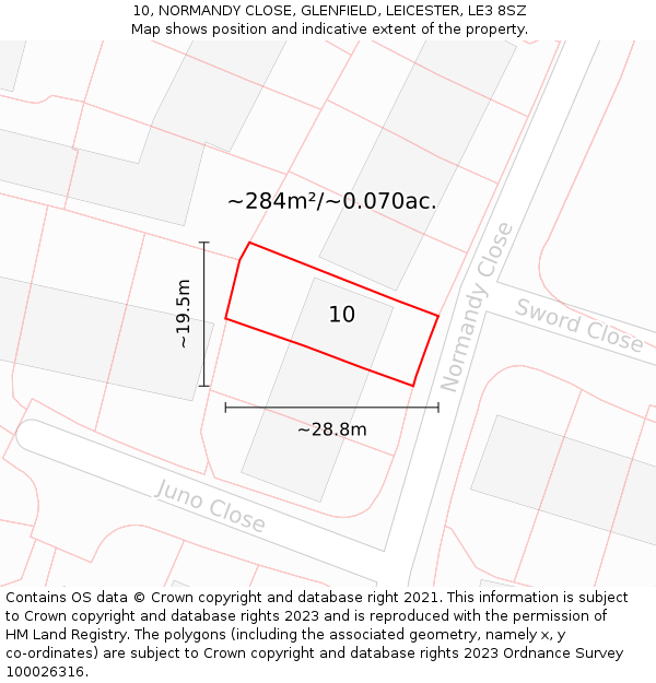 10, NORMANDY CLOSE, GLENFIELD, LEICESTER, LE3 8SZ: Plot and title map