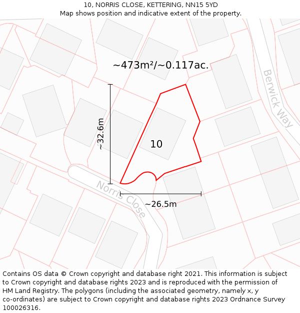 10, NORRIS CLOSE, KETTERING, NN15 5YD: Plot and title map