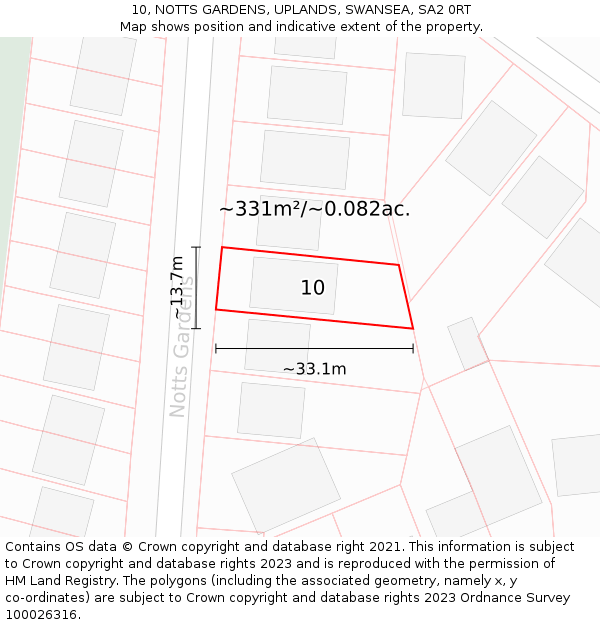 10, NOTTS GARDENS, UPLANDS, SWANSEA, SA2 0RT: Plot and title map
