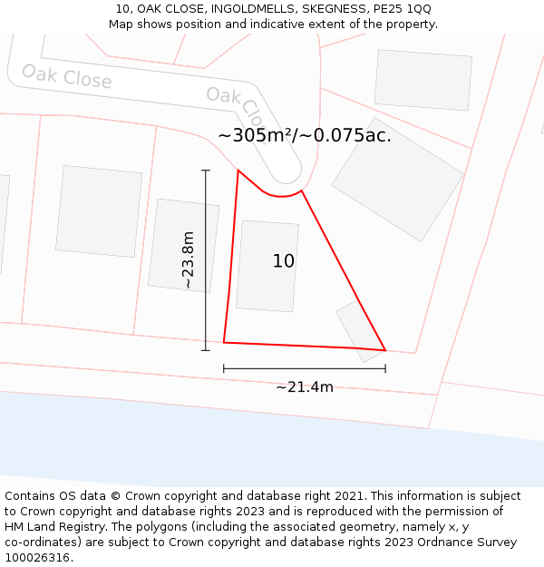 10, OAK CLOSE, INGOLDMELLS, SKEGNESS, PE25 1QQ: Plot and title map