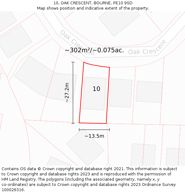 10, OAK CRESCENT, BOURNE, PE10 9SD: Plot and title map