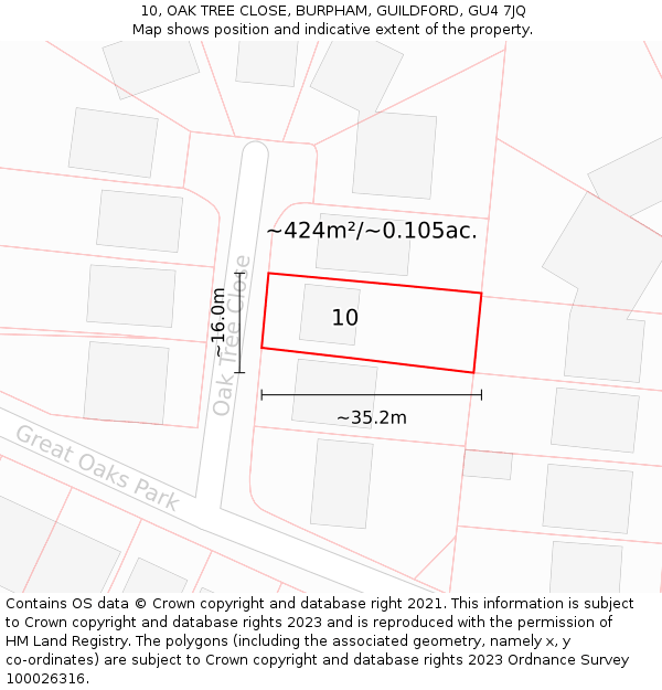 10, OAK TREE CLOSE, BURPHAM, GUILDFORD, GU4 7JQ: Plot and title map