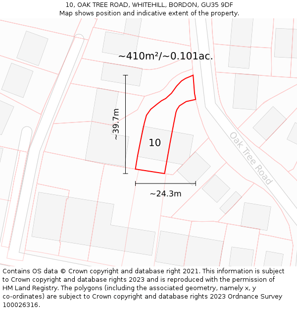 10, OAK TREE ROAD, WHITEHILL, BORDON, GU35 9DF: Plot and title map