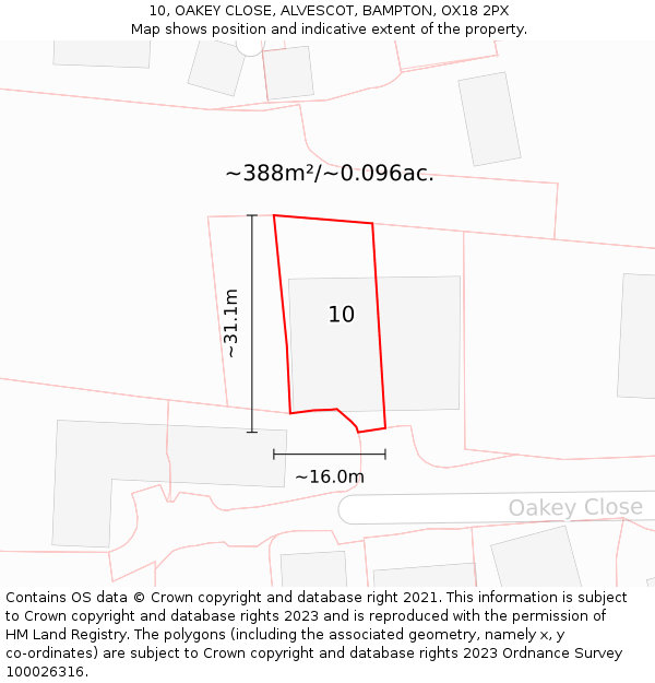 10, OAKEY CLOSE, ALVESCOT, BAMPTON, OX18 2PX: Plot and title map