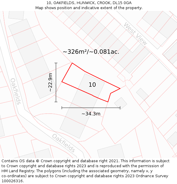 10, OAKFIELDS, HUNWICK, CROOK, DL15 0GA: Plot and title map