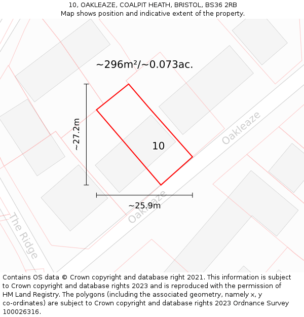 10, OAKLEAZE, COALPIT HEATH, BRISTOL, BS36 2RB: Plot and title map