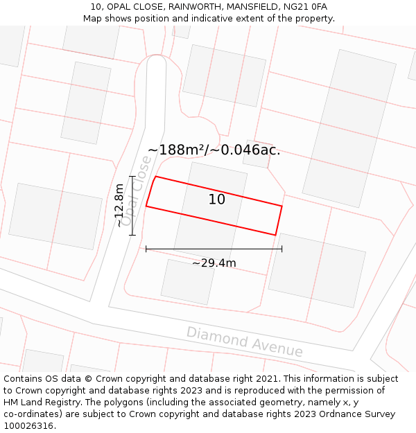 10, OPAL CLOSE, RAINWORTH, MANSFIELD, NG21 0FA: Plot and title map