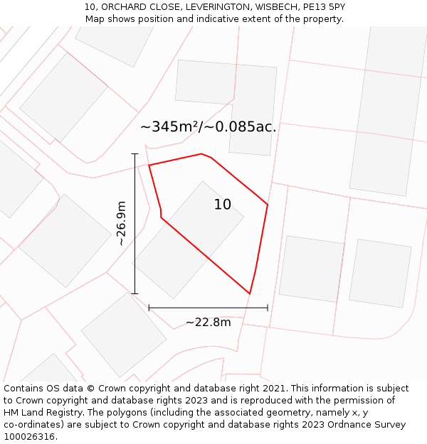 10, ORCHARD CLOSE, LEVERINGTON, WISBECH, PE13 5PY: Plot and title map