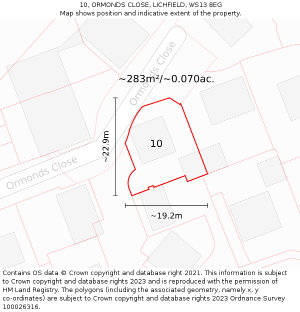 10, ORMONDS CLOSE, LICHFIELD, WS13 8EG: Plot and title map