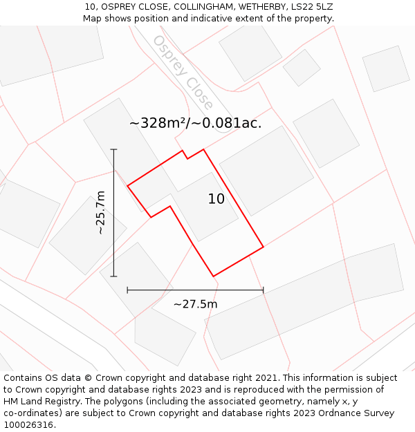 10, OSPREY CLOSE, COLLINGHAM, WETHERBY, LS22 5LZ: Plot and title map