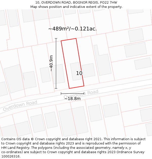 10, OVERDOWN ROAD, BOGNOR REGIS, PO22 7HW: Plot and title map