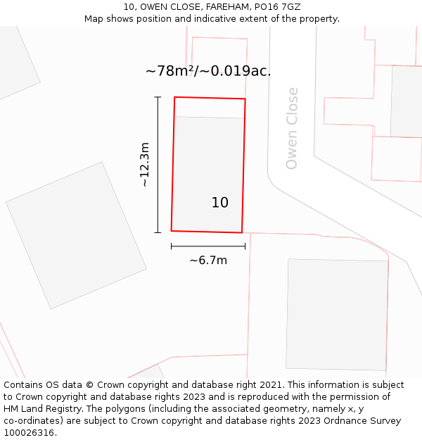 10, OWEN CLOSE, FAREHAM, PO16 7GZ: Plot and title map