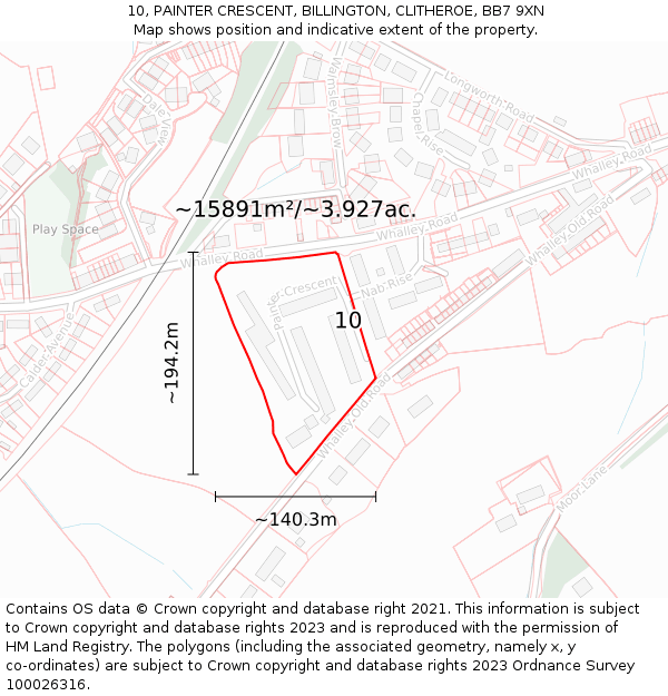 10, PAINTER CRESCENT, BILLINGTON, CLITHEROE, BB7 9XN: Plot and title map