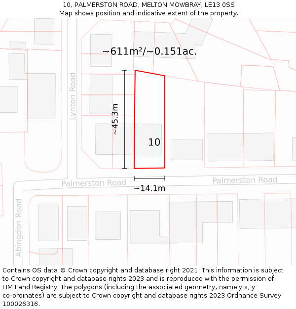 10, PALMERSTON ROAD, MELTON MOWBRAY, LE13 0SS: Plot and title map