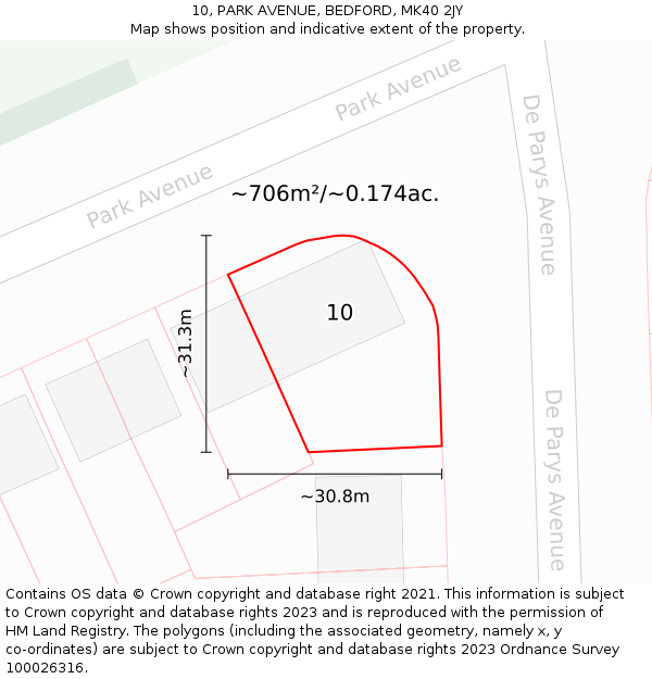 10, PARK AVENUE, BEDFORD, MK40 2JY: Plot and title map