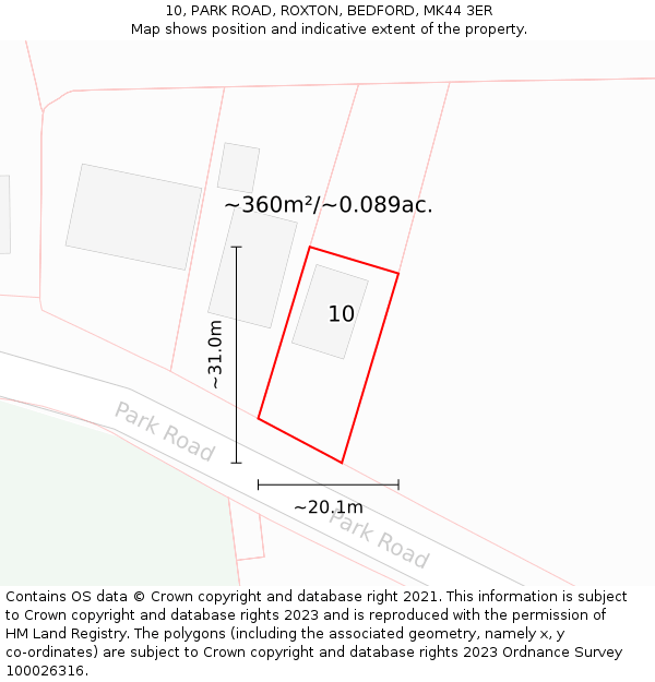 10, PARK ROAD, ROXTON, BEDFORD, MK44 3ER: Plot and title map